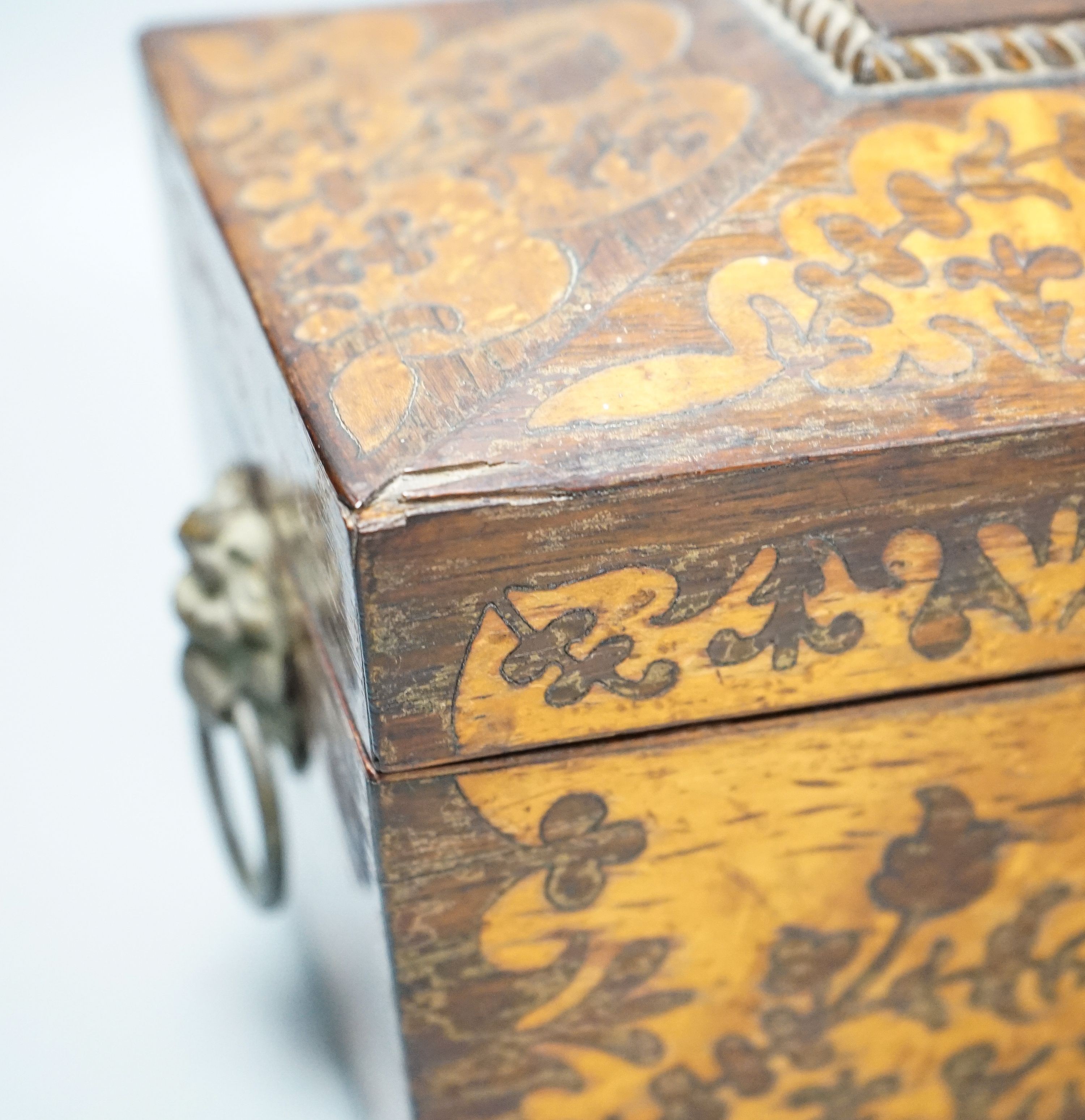 A 19th century rosewood and bird’s eye maple tea caddy, of sarcophagus form, the interior with mixing bowl, on ball feet 31cm